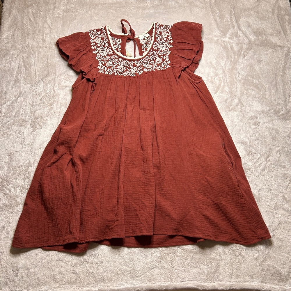 Entro Bohemian Embroidered Mini Dress Size L Rust Ruffle Sleeve Tassle‎ Hippie